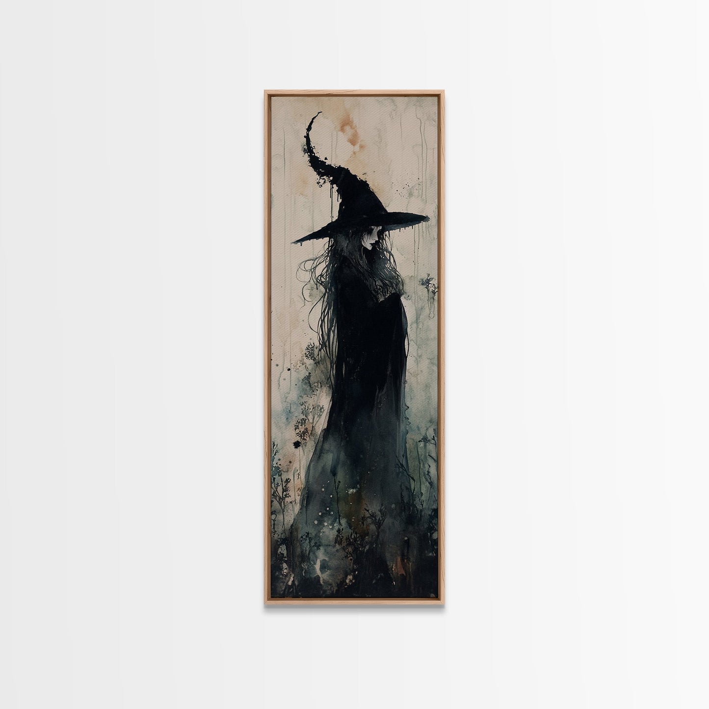 Mystical Witch in Black Forest Art - Framed Canvas Print for Halloween, Gothic Decor, Witch Art, Dark Home Decor, Long Wall Art