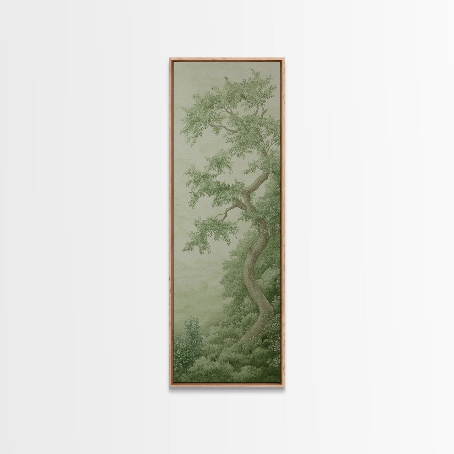 Misty Green Botanical Scene - Framed Canvas Print Showcasing Wabi Sabi Art Style with Tranquil Tree Landscape