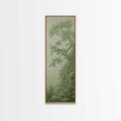 Misty Green Botanical Scene - Framed Canvas Print Showcasing Wabi Sabi Art Style with Tranquil Tree Landscape