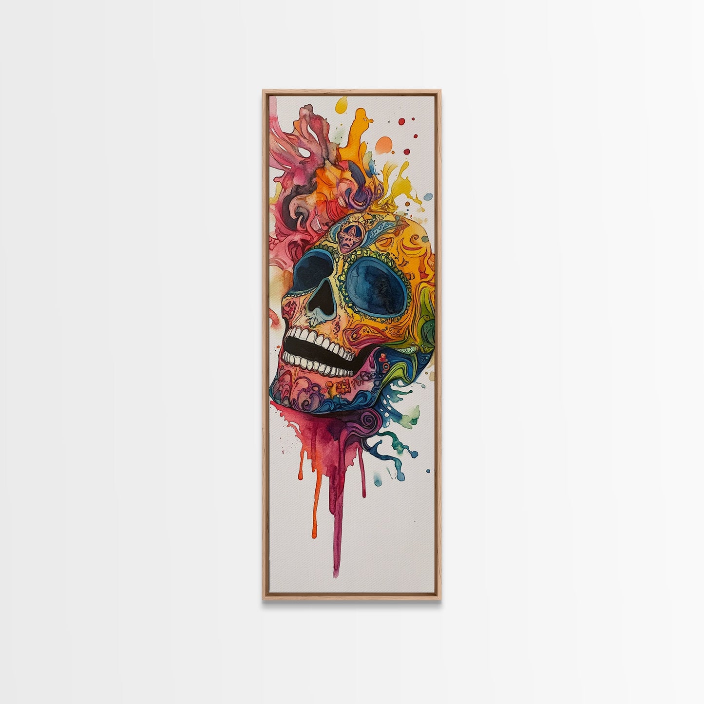 Sugar Skull Painting Print, Mexicano Wall Art, Framed Canvas, Tall Narrow Art, Skinny Accent Piece, Skull Painting, Skull Art, Chicano Art
