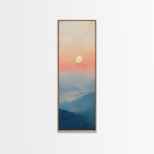Wabi Sabi Sunset Oil Painting Print, Framed Canvas, Coastal Decor, Sunrise Over The Mountains, Boho Style Wall Art, Tall Narrow Wall Art