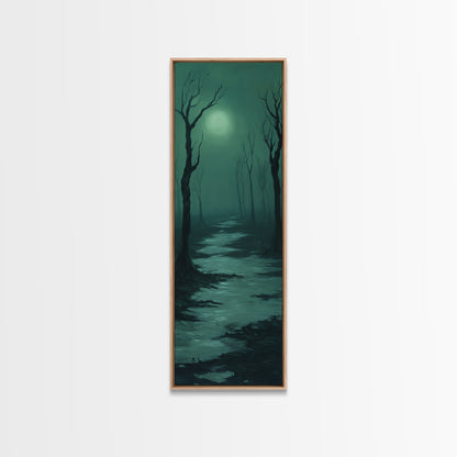 Framed Canvas Print of Forest at Dusk Painting in Teal, Moody Art, Dark Romance Painting, Above Bed Wall Art, Tall Narrow Art, Unique Gift Idea