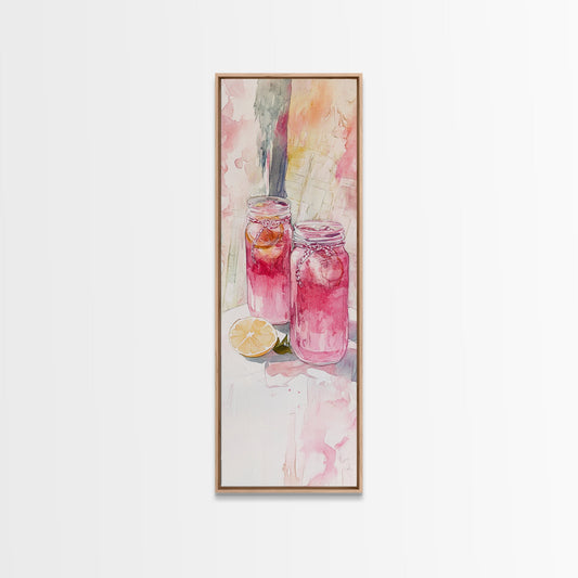 Watercolor Lemonade Glasses Framed Canvas Print Light Pink Wall Art Living Room Decor Gift Idea Cottagecore Boho Kitchen Artwork