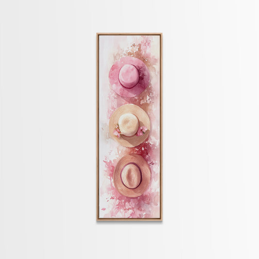 Floral Hats Artwork Framed Canvas Print, Watercolor Cottagecore Art Vintage Hats Rustic Decor Vertical Boho Dorm Room Art