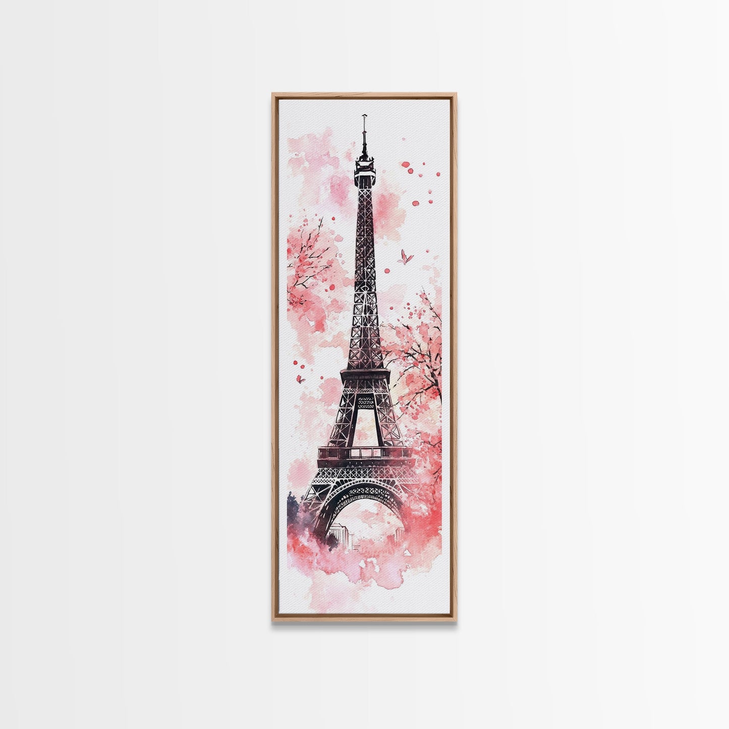 Eiffel Tower Wall Art Framed Canvas Print, Cherry Blossom Painting Vertical Paris Decor, Pink Dorm Art, French Travel-Inspired Gift