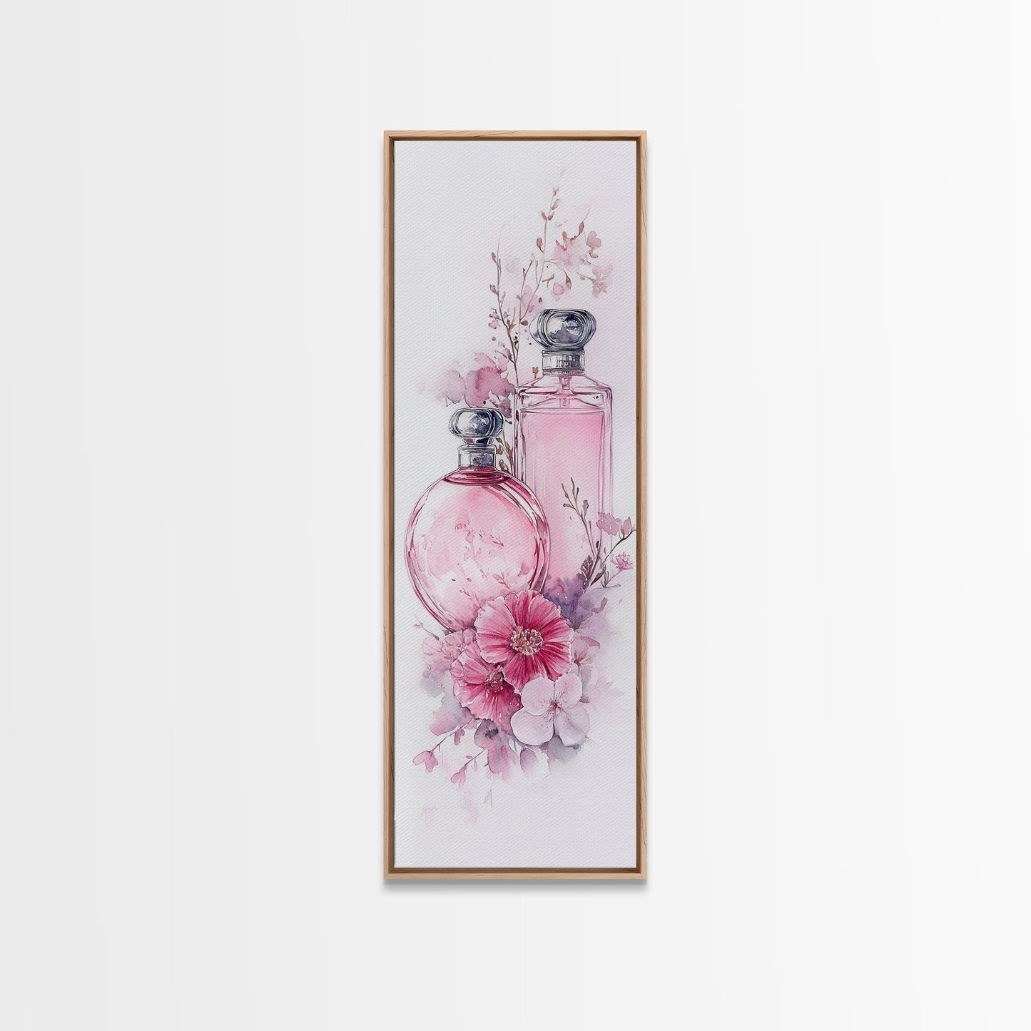 Perfume Bottle Art Framed Canvas Print Light Pink Wall Art Botanical Prints Bedroom Art Minimalist Decor Living Room Gift Idea