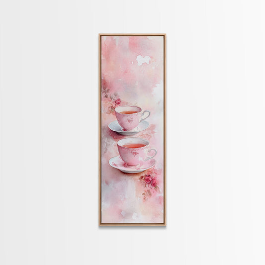 Tea Cup Watercolor Canvas Print Pink Wall Art Vintage Christmas Rustic Decor Kitchen Art Guest Room Light Pastel Original Painting