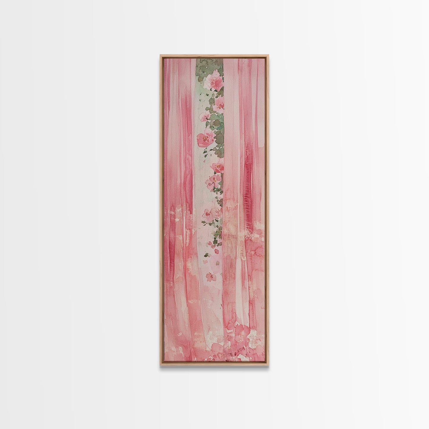 Pink Floral Curtains Framed Canvas Print Whimsical Art Light Pink Wall Art Vertical Wall Art Minimalist Art Rustic Decor Gift