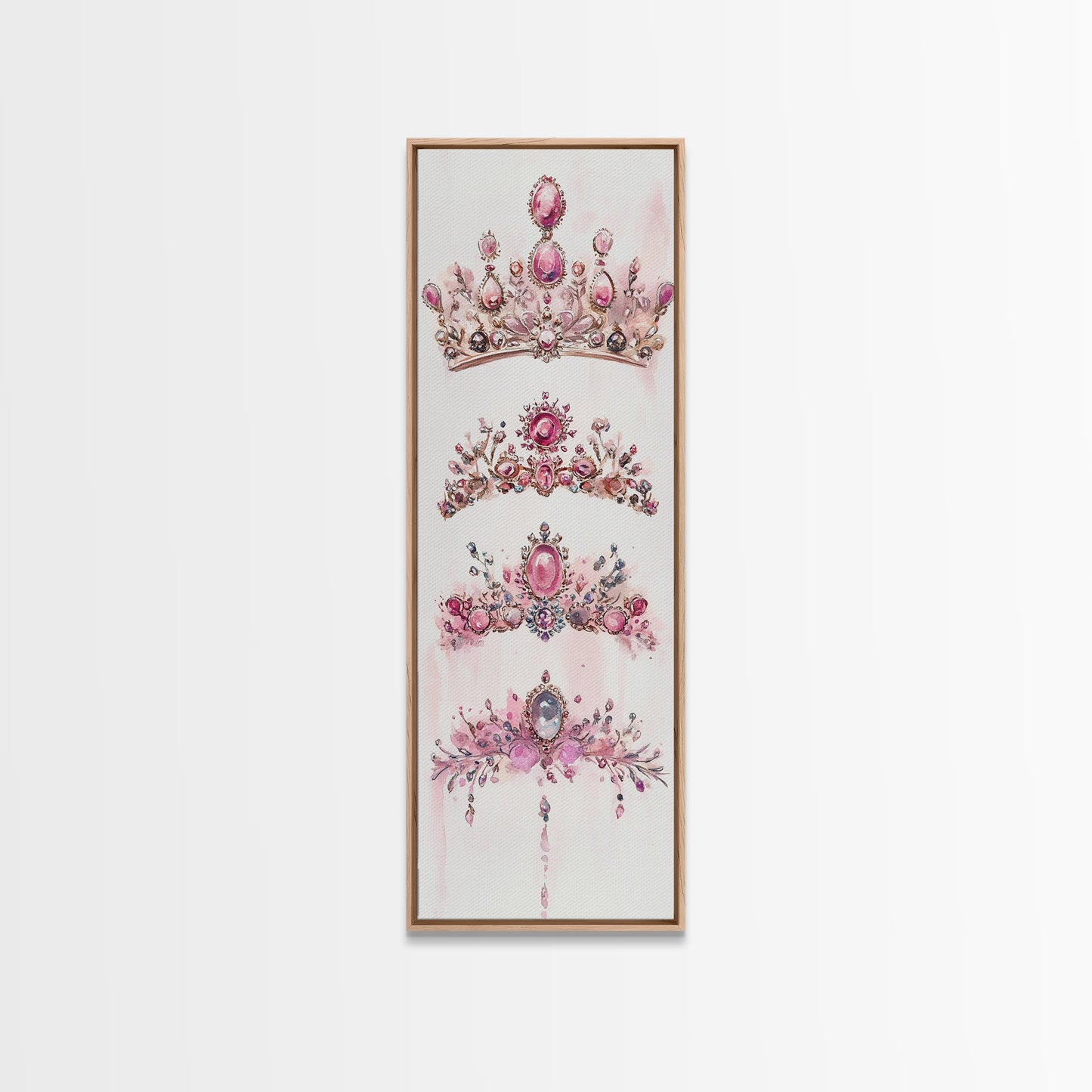 Royal Pink Tiara Framed Canvas Print Princess Gemstone Painting Feminine Wabi Sabi Art Vertical Wall Art Elegant Home Decor