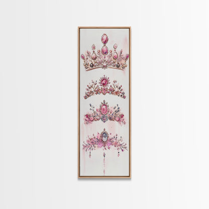 Royal Pink Tiara Framed Canvas Print Princess Gemstone Painting Feminine Wabi Sabi Art Vertical Wall Art Elegant Home Decor