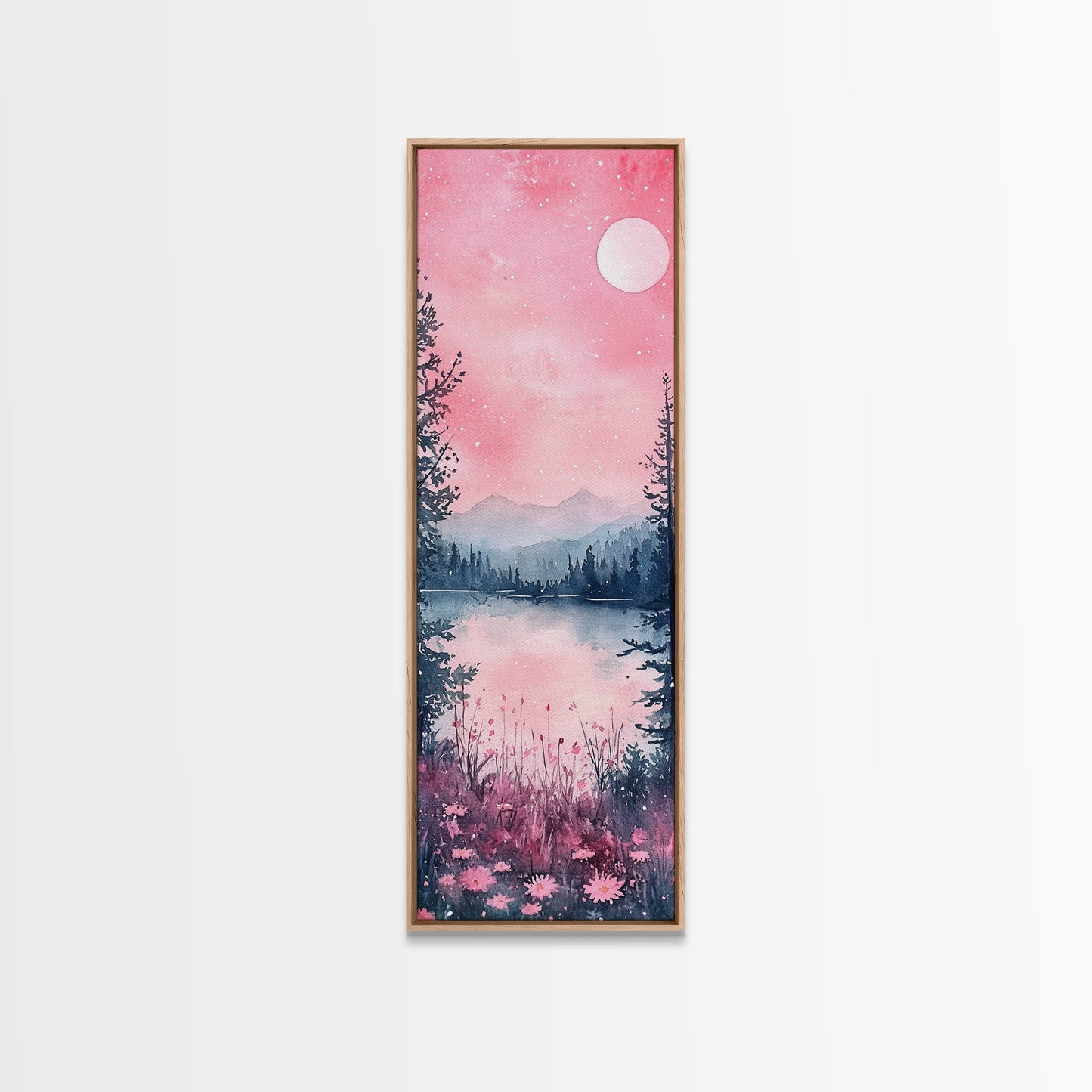 Moonlit Pink Forest Canvas Print, Moody Mountain Landscape Painting, Wildflower Rustic Vertical Wall Art, Cozy Living Room Decor