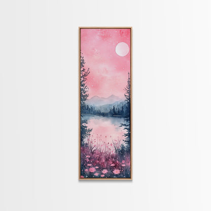 Moonlit Pink Forest Canvas Print, Moody Mountain Landscape Painting, Wildflower Rustic Vertical Wall Art, Cozy Living Room Decor
