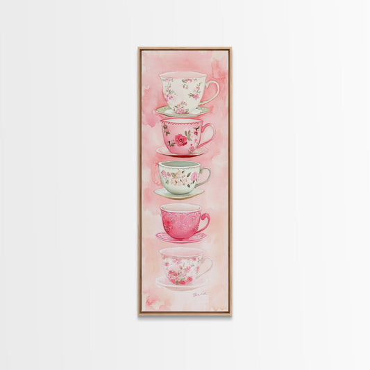 Vintage Tea Cup Illustration Canvas Print Chinoiserie Wall Art Cottagecore Decor Kitchen Artwork Living Room Pastel Home Accent