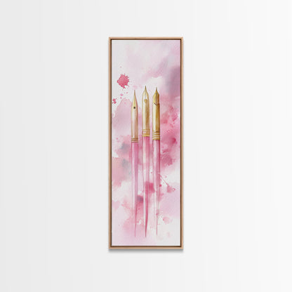 Pink Fountain Pens Canvas Print Whimsical Art Writer’s Gift Minimalist Art Living Room Decor Unique Office Wall Art Illustration