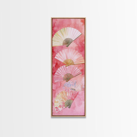 Pink Fans Chinoiserie Framed Canvas Print, Long Narrow Whimsical Art for Living Room or Bedroom, Light Pink Cottagecore Wall Art