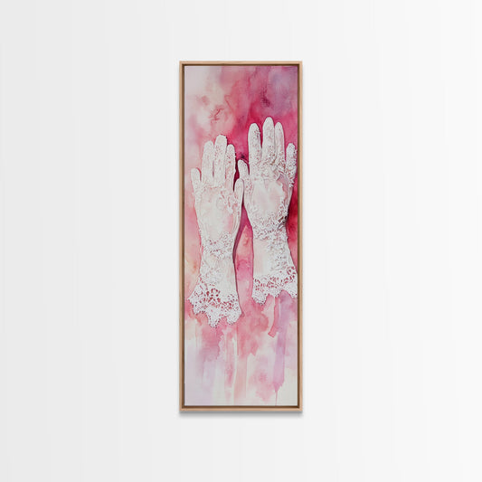 Pink Lace Gloves Framed Canvas Print, Cottagecore Whimsical Art, Vintage Romantic Light Pink Rustic Decor for Bedroom or Living Room