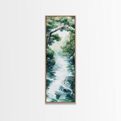 Serene Forest Stream Framed Canvas Print Coastal Landscape Art Green Wall Art Rustic Decor Vertical Art Guest Room Wall Decor
