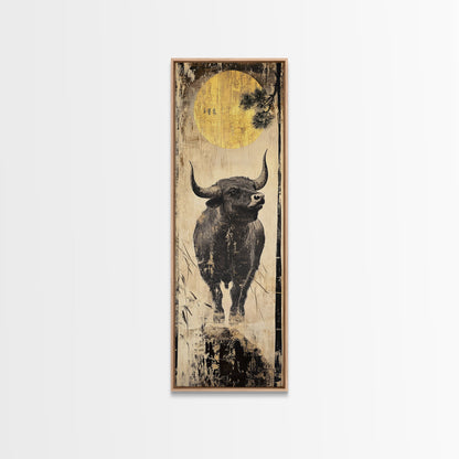 Modern Bull Artwork Framed Canvas Print, Rustic Animal Wall Art, Farmhouse Decor, Vertical Skinny Art, Pine Tree Moonlight Scene