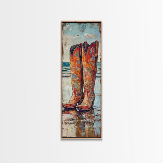 Rustic Cowboy Boots Canvas Print, Coastal Cowgirl Wall Art, Farmhouse Rustic Decor, Western Style Vertical Skinny Artwork