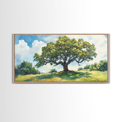 Sprawling Oak Tree Canvas Print Rustic Wall Art Panoramic Painting Nature Scene Bedroom Decor Horizontal Artwork Farmhouse Wall Art