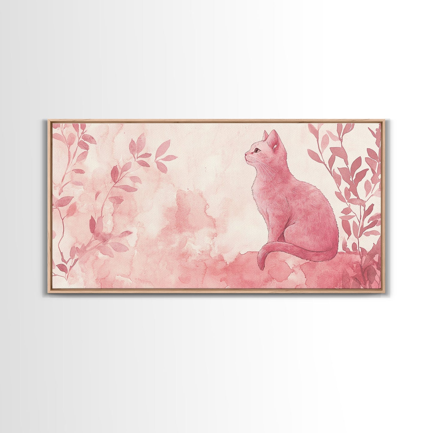 Whimsical Pink Cat Canvas Print Featuring Pink Wall Art Minimalist Art Botanical Prints Light Pink Wall Art Farmhouse Rustic Decor