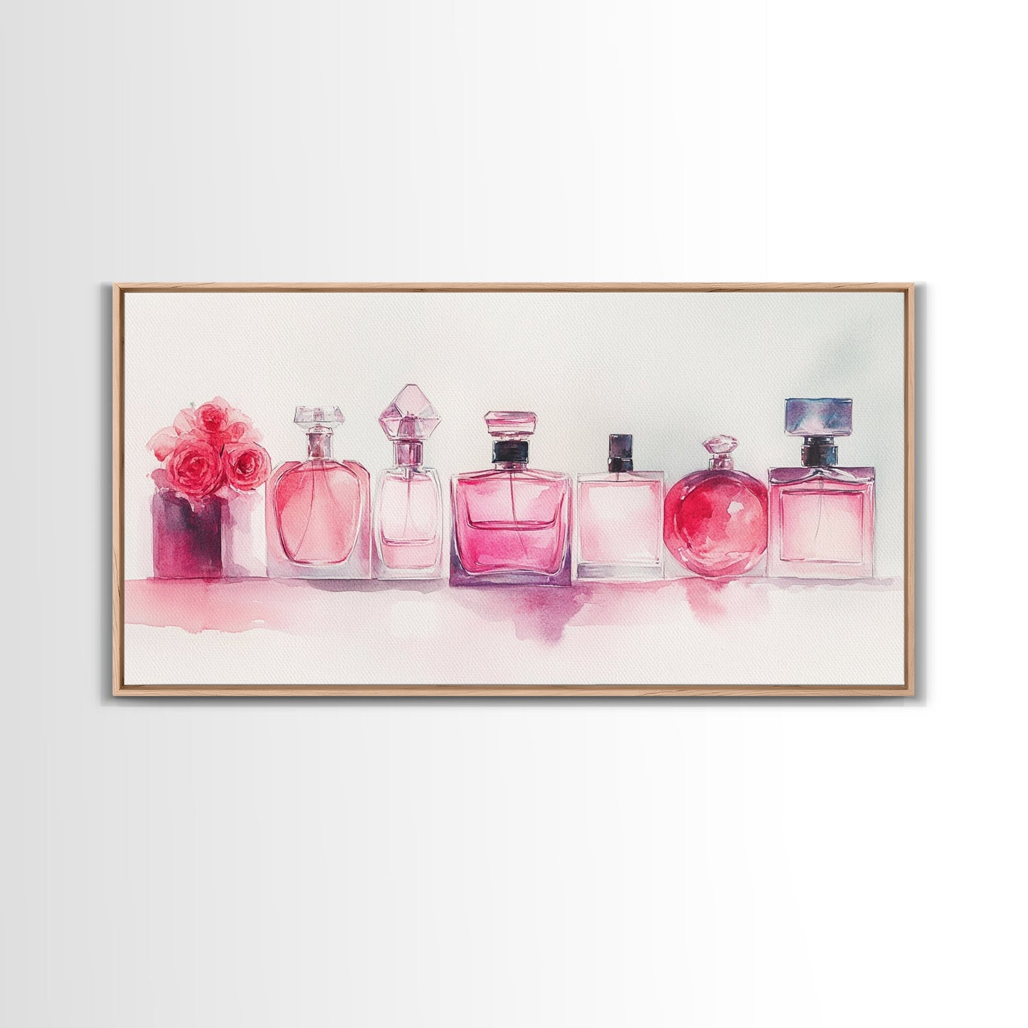 Pink Perfume Painting Framed Canvas Print, Light Pink Bedroom Art Coastal Cowgirl Wall Art, Minimalist Art Rustic Decor Gift Idea