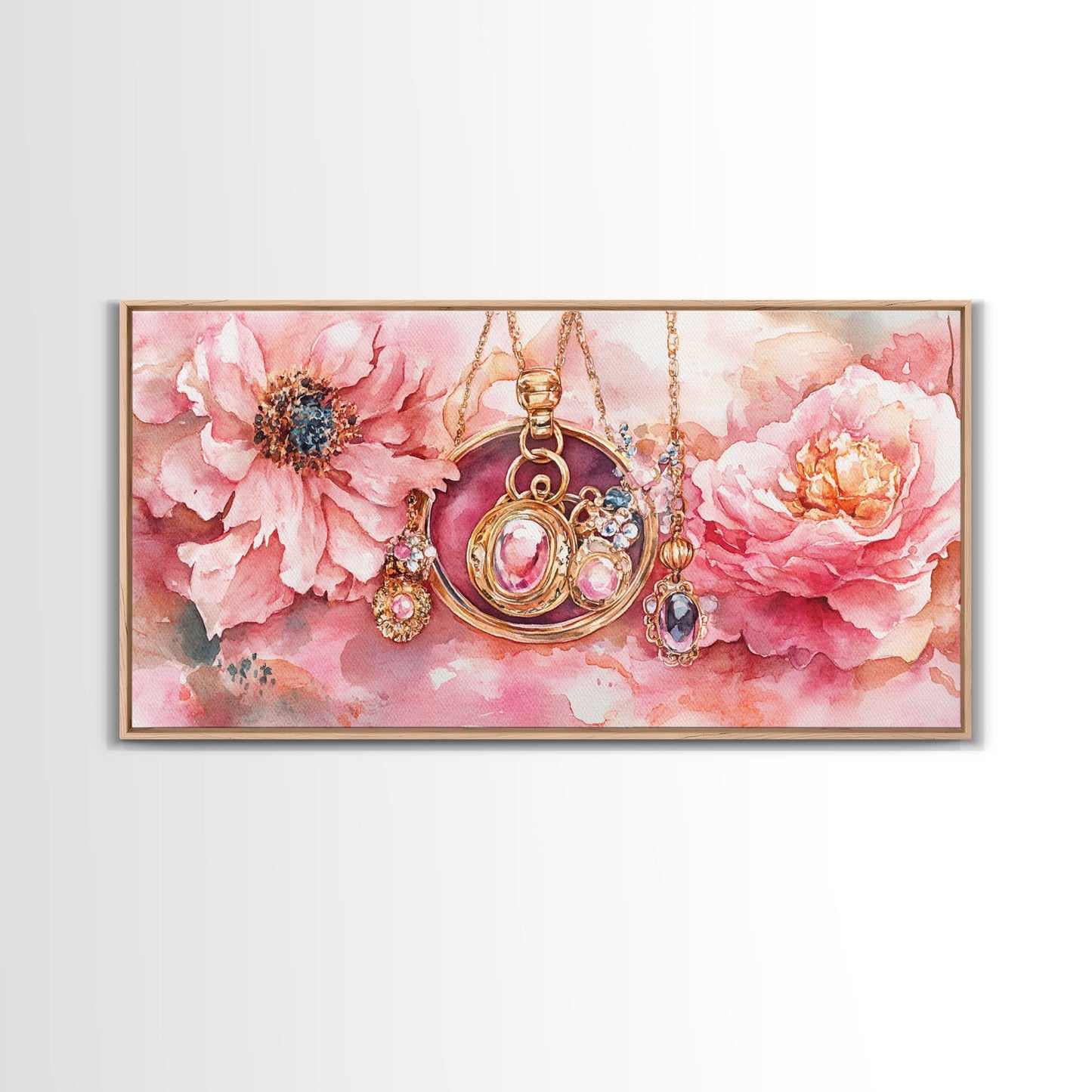 Leinwanddruck mit rosafarbenem Edelsteinschmuck, feminin-elegantes Kunstwerk, glamouröses Rosenbild, Wanddekoration fürs Wohnzimmer, einzigartiges Deko-Geschenk