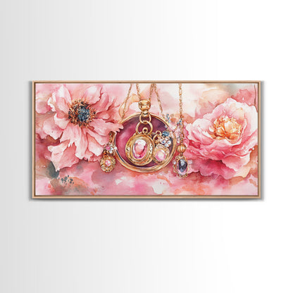 Leinwanddruck mit rosafarbenem Edelsteinschmuck, feminin-elegantes Kunstwerk, glamouröses Rosenbild, Wanddekoration fürs Wohnzimmer, einzigartiges Deko-Geschenk