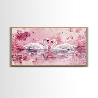 Swan Reflection Watercolor Framed Canvas Print, Romantic Wildlife Art, Cherry Blossom Wall Art, Rustic Farmhouse Decor, Bedroom Art