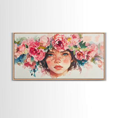 Floral Crown Canvas Print | Goddess Art Print | Pink Abstract Art | Romantic Woman Art | Boho Bedroom Decor Framed Canvas Print