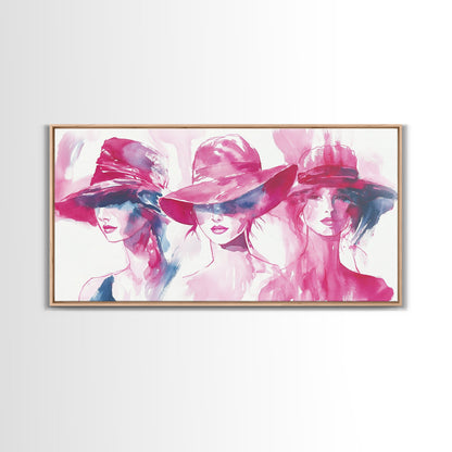 Elegant Hat Ladies Canvas Print, Feminine Pink Abstract Art with Fashion Illustration, Unique Gift Idea for Her Wall Decor