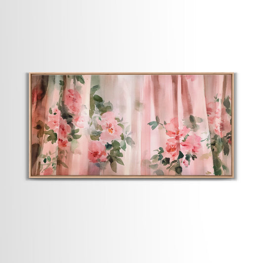 Rose Curtains Painting Canvas Print, Light Pink Wall Art, Cottagecore Romantic Decor, Feminine Rustic Artwork Gift Idea