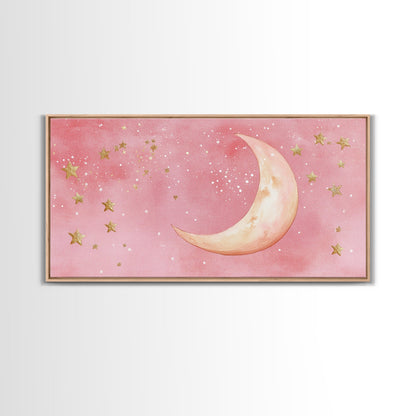 Golden Crescent Moon Canvas Print, Light Pink Wall Art, Whimsical Celestial Art, Bedroom or Dorm Decor, Christmas Gift Idea