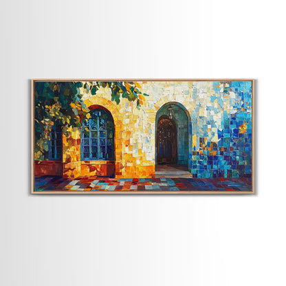 Sunlit Arched Window Framed Canvas Print - Rustic Moroccan Wall Art - Coastal Landscape Art - Farmhouse Decor Bedroom Art