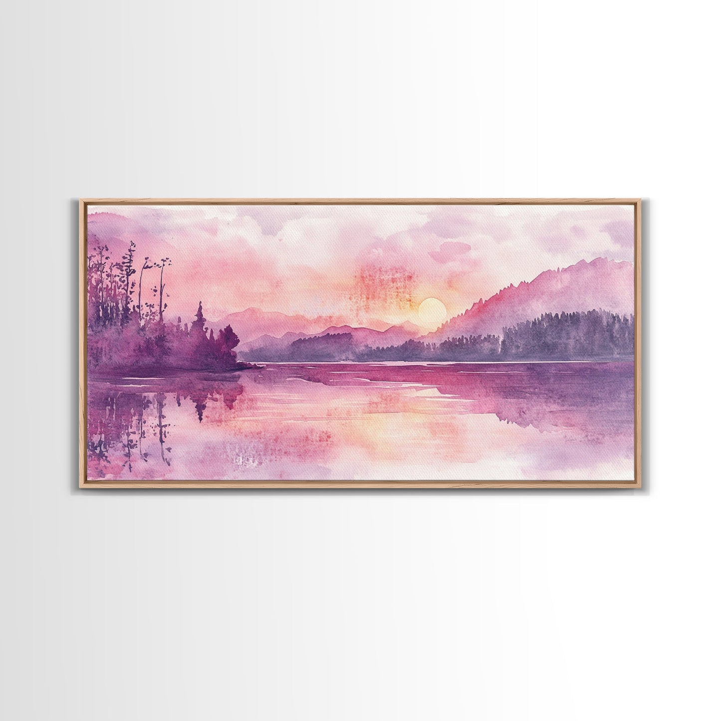 Sunset Landscape Art Framed Canvas Print Pink Orange Wall Art Living Room Art Panoramic Painting Above Couch Art Coastal Decor