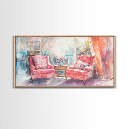 Cozy Armchair Canvas Print | Farmhouse Living Room Wall Art | Rustic Decor | Framed Canvas Print Gift Idea | Above Couch Pink Art