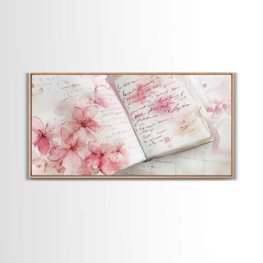 Cherry Blossom Journal Canvas Print | Whimsical Pink Wall Art | Cottagecore Framed Canvas Print | Feminine Writing Room Art