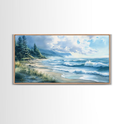 Canvas Print of Misty Coastal Morning Landscape with Rolling Waves, Nautical Wall Art Gift Idea, Serene Coastal Decor