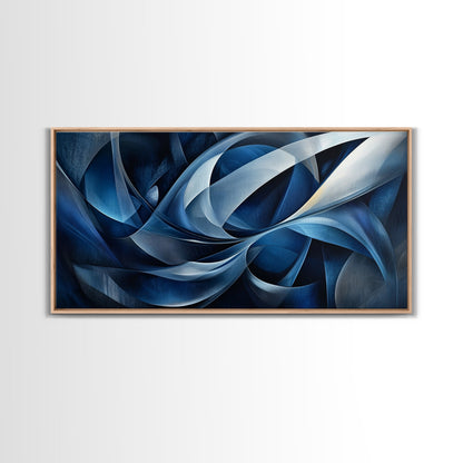 Abstract Blue Swirls Canvas Print, Geometric Wall Art Horizontal Decor, Moody Modern Artwork Gift Idea Living Room Panoramic Art