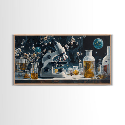 Science Art Framed Canvas Print, Microscope Molecular Wall Decor, Unique Therapy Art, Coastal Modern Living Room Art Gift Idea