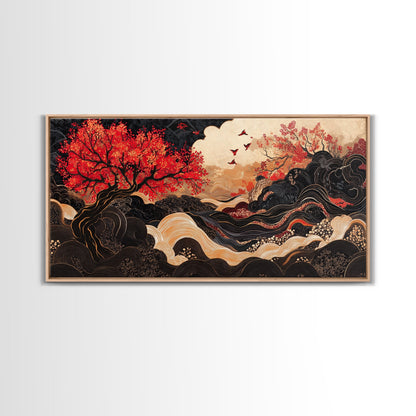 Japanese Inspired Framed Canvas Print Featuring Chinoiserie Wall Art and Autumn Tree Painting Unique Horizontal Living Room Art
