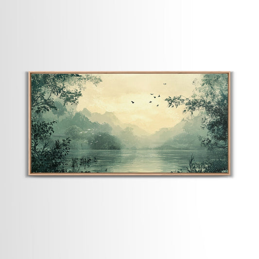 Serene Lake Framed Canvas Print, Tranquil Landscape Wall Art, Rustic Cottagecore Decor, Wabi Sabi Nature Art, Above Bed Canvas Art