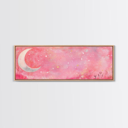 Crescent Moon Painting Canvas Print with Whimsical Starry Sky, Pink Wall Art for Living Room or Guest Room, Dreamy Decor