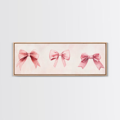 Light Pink Wall Art Canvas Print with Bows Decor, Minimalist Painting, Bedroom Art, Horizontal Abstract Artwork for Living Room
