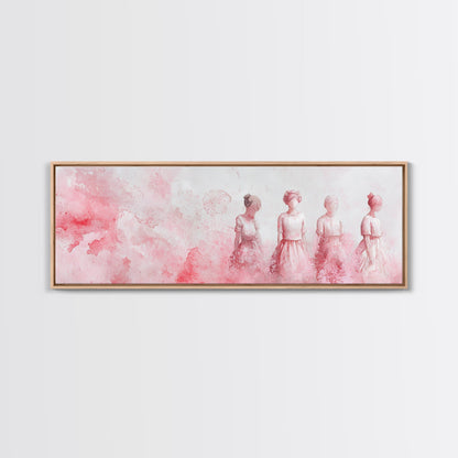 Four Women Canvas Print in Pink Abstract Art Style, Feminine Whimsical Aesthetic, Minimalist Living Room or Guest Room Horizontal Art