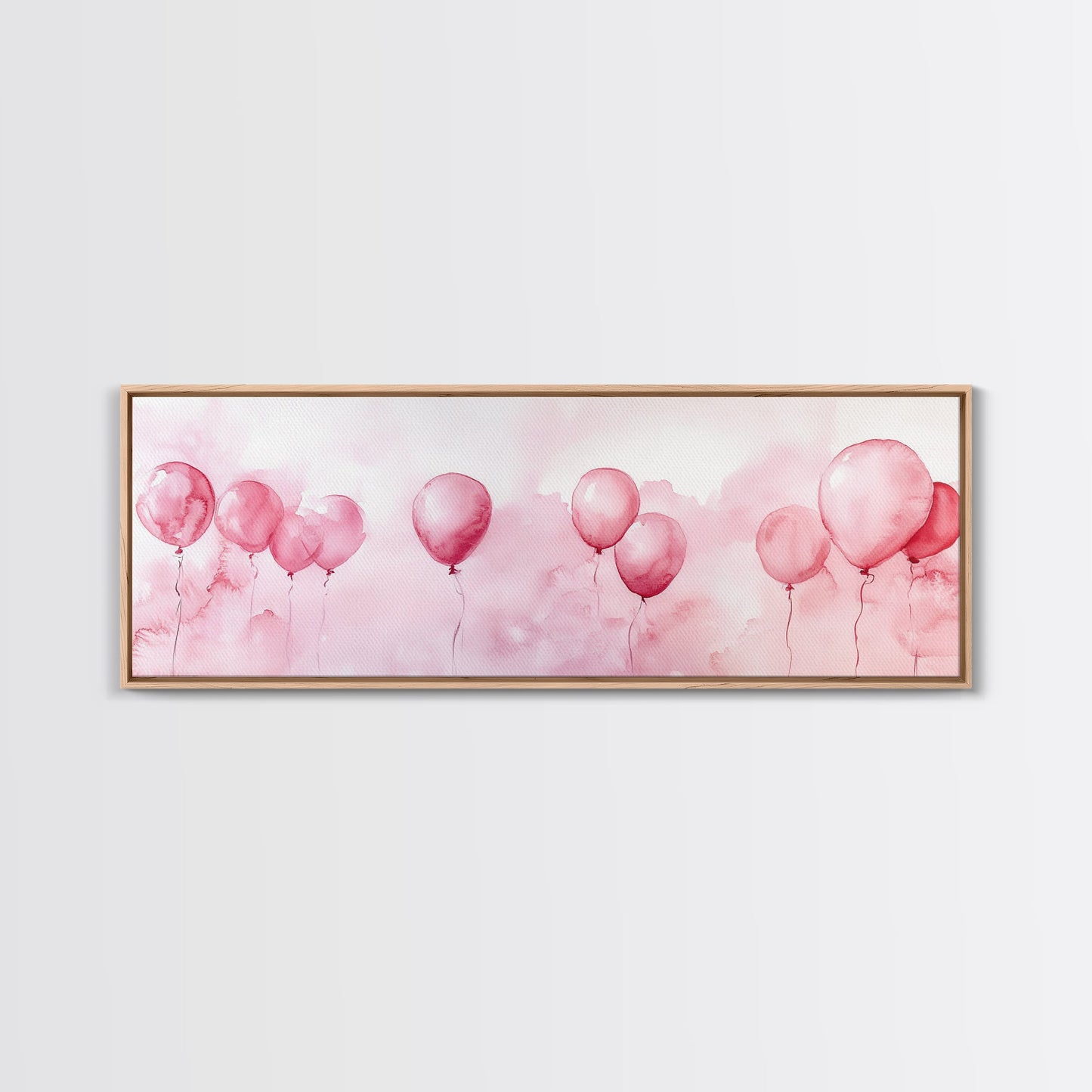 Balloon Painting Framed Canvas Print in Pastel Pink Hues, Whimsical Horizontal Artwork, Light Pink Wall Art for Living Room Decor