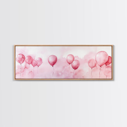 Balloon Painting Framed Canvas Print in Pastel Pink Hues, Whimsical Horizontal Artwork, Light Pink Wall Art for Living Room Decor