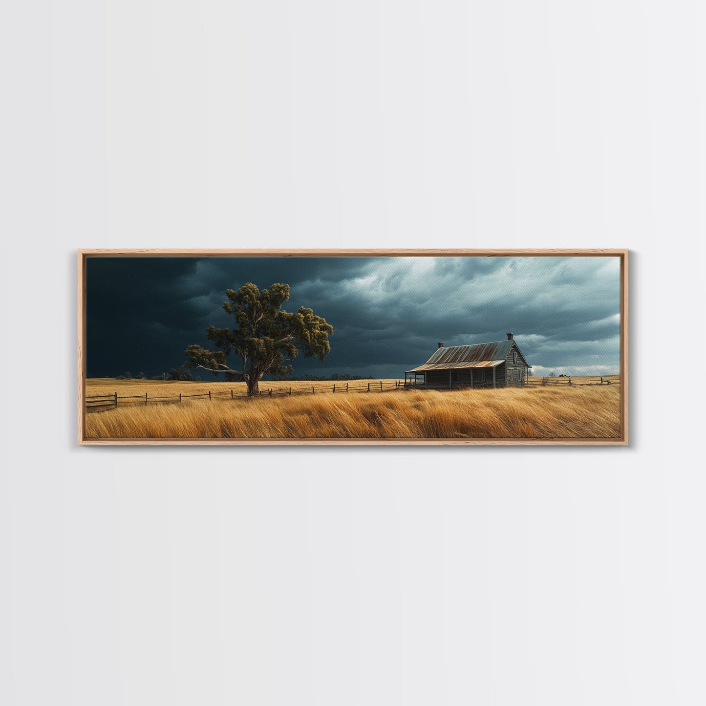 Stormy Farmhouse Canvas Print Rustic Landscape Painting Smoky Mountain Art Horizontal Panoramic Wall Living Room Autumn Decor