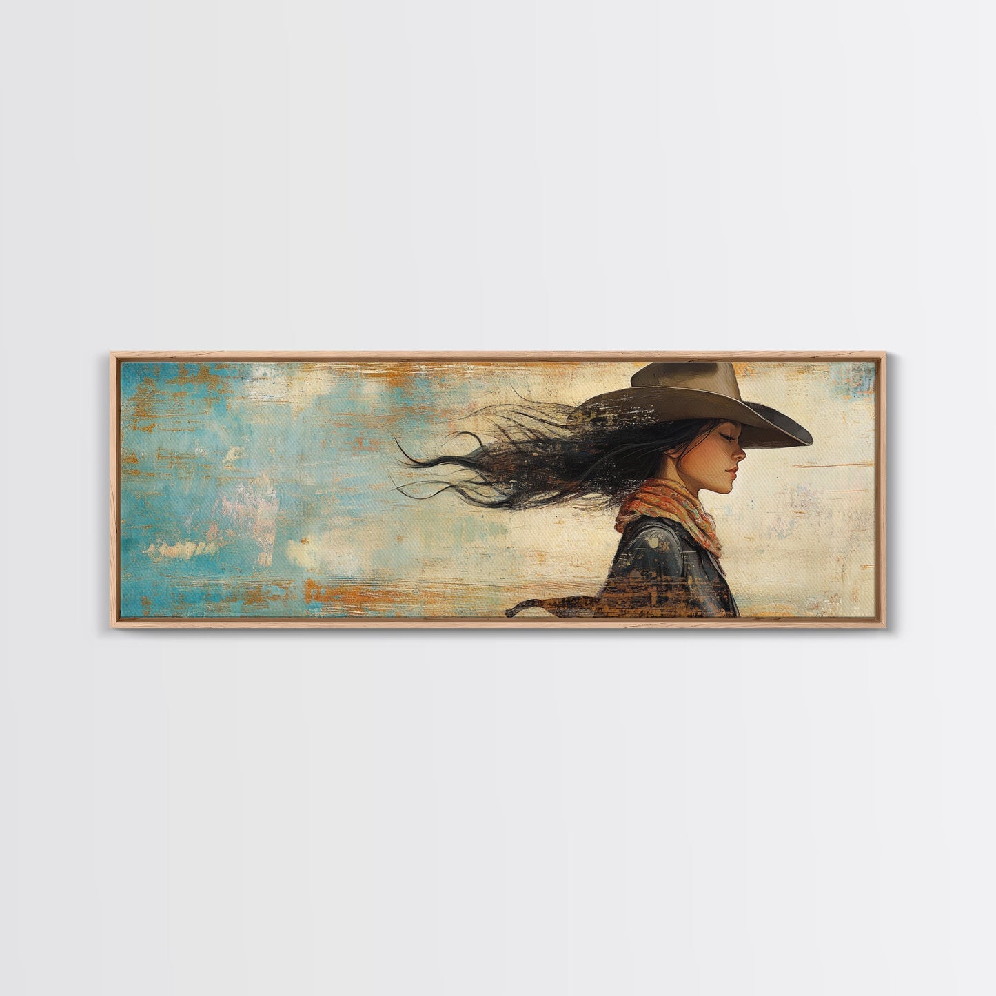 Cowgirl Canvas Print Southwest Wall Art Minimalist Boho Art Afrocentric Painting Extra Wide Horizontal Artwork Decor