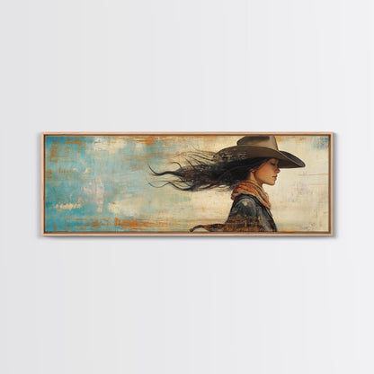 Cowgirl Canvas Print Southwest Wall Art Minimalist Boho Art Afrocentric Painting Extra Wide Horizontal Artwork Decor